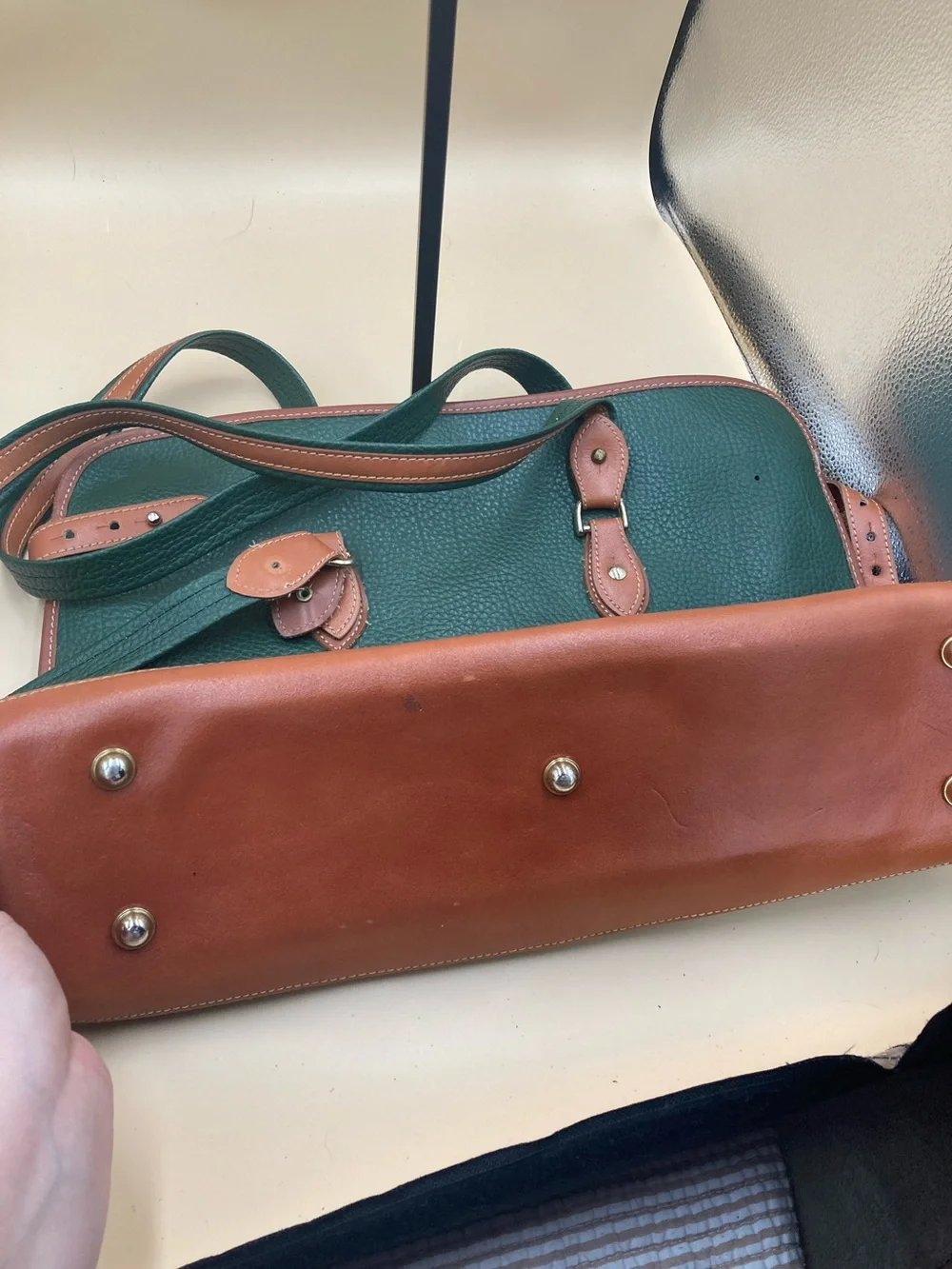 Dooney & Bourke Forest Green Pebbled Leather Tote with Brown Trim Vintage